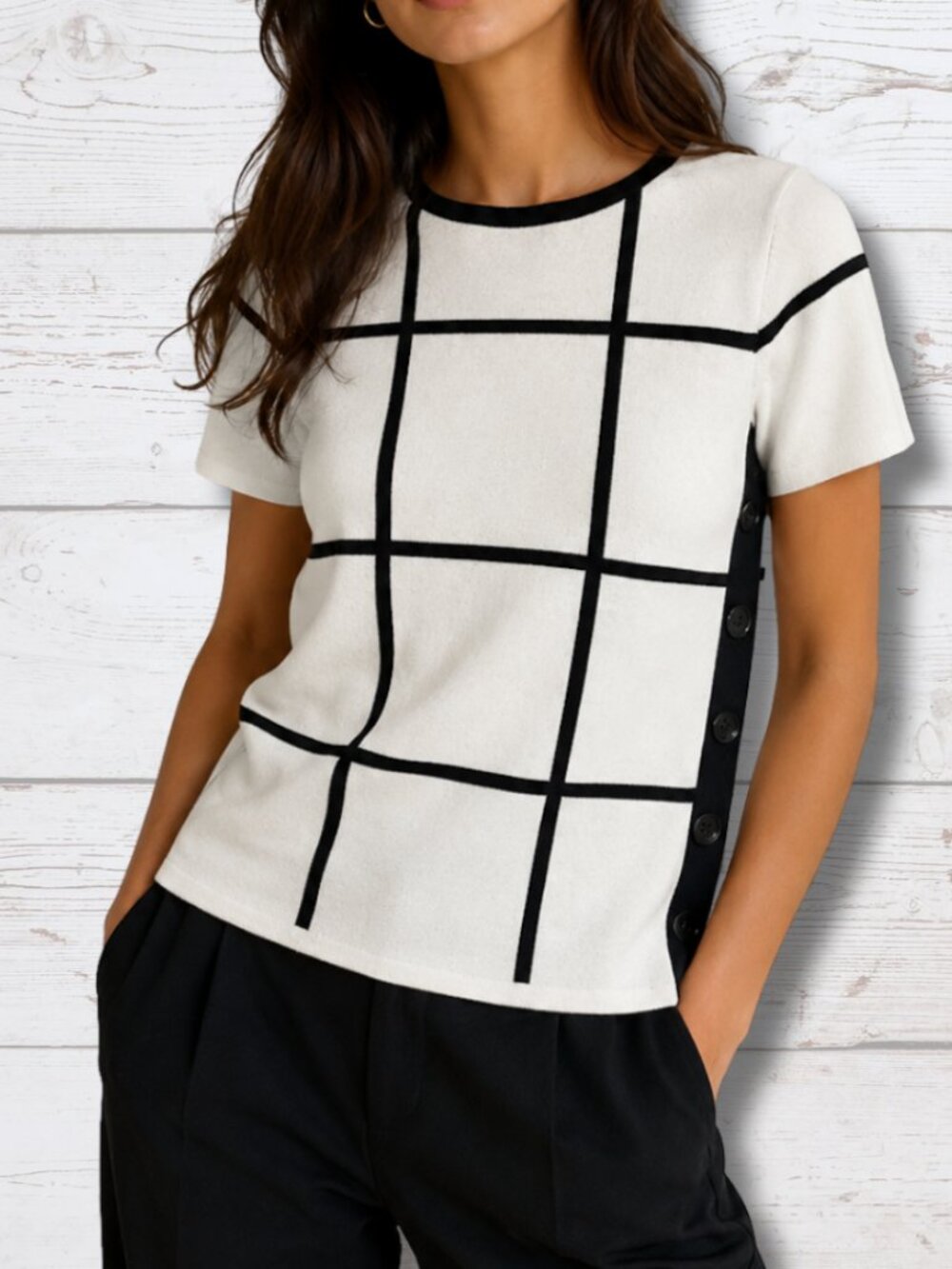 Ann Taylor Factory Petite Black & White Checkered Sweater Top – XXS